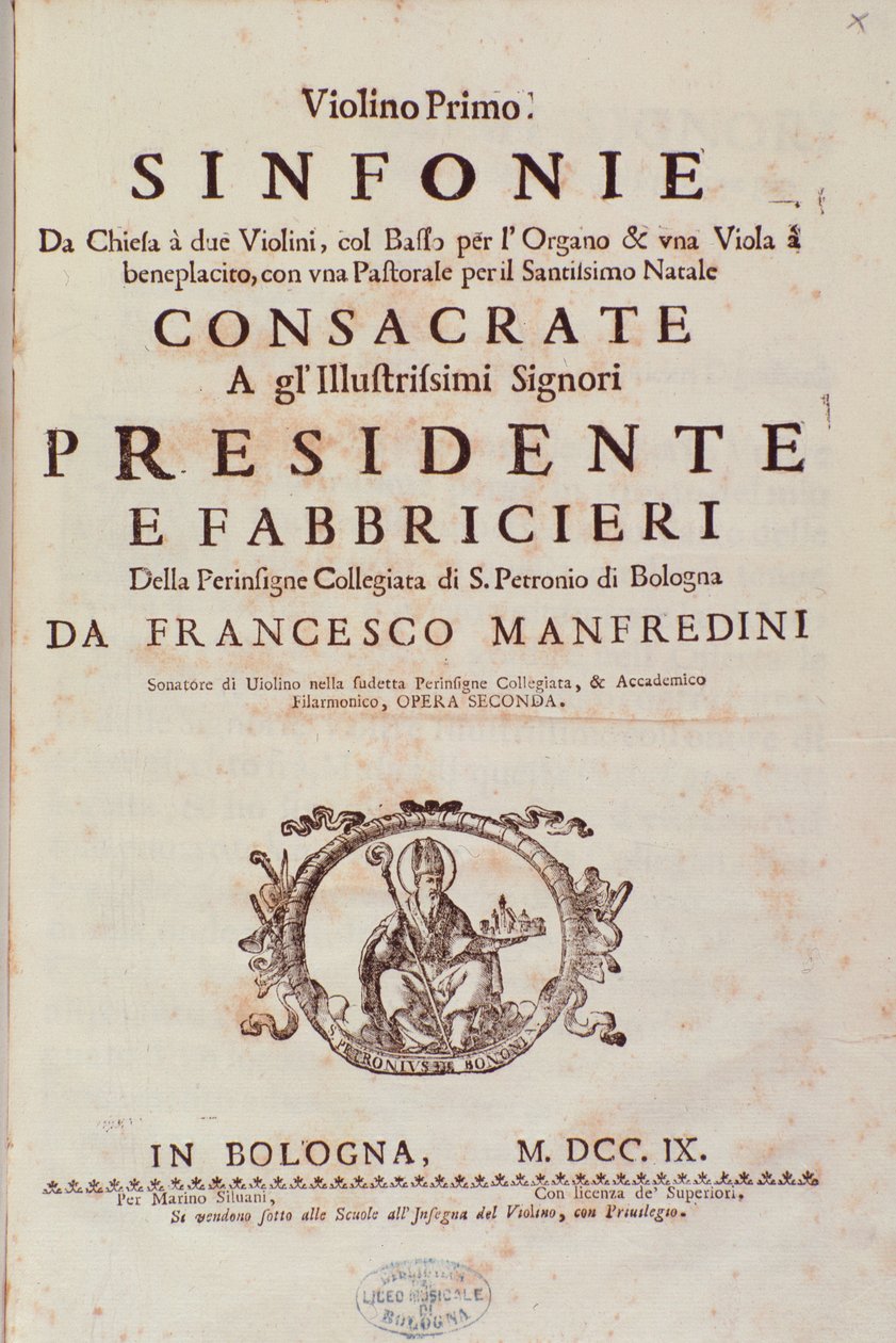 Frontispis partitury ze Sinfonia da chiesa a dvoje housle od Francesca Manfrediniho od Unknown artist