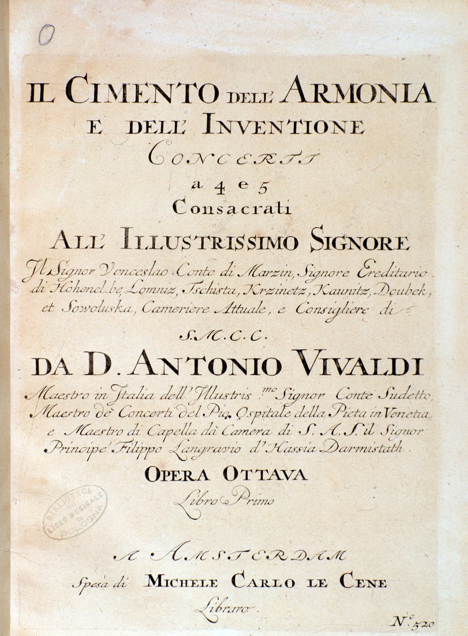 Frontispis partitury houslí na koncertě V v Zkouška harmonie a vynálezu italského skladatele Antonia Vivaldiho od Unknown artist