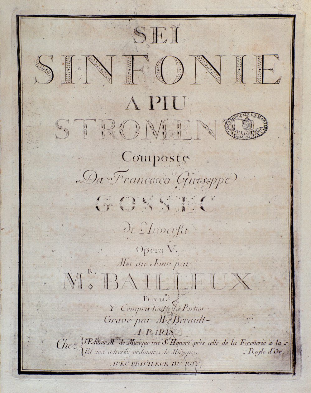 Frontispis partitury pro Sei sinfonie a piu strumenti op. 5 (první symfonie) Francoise Josepha Gossece od Unknown artist