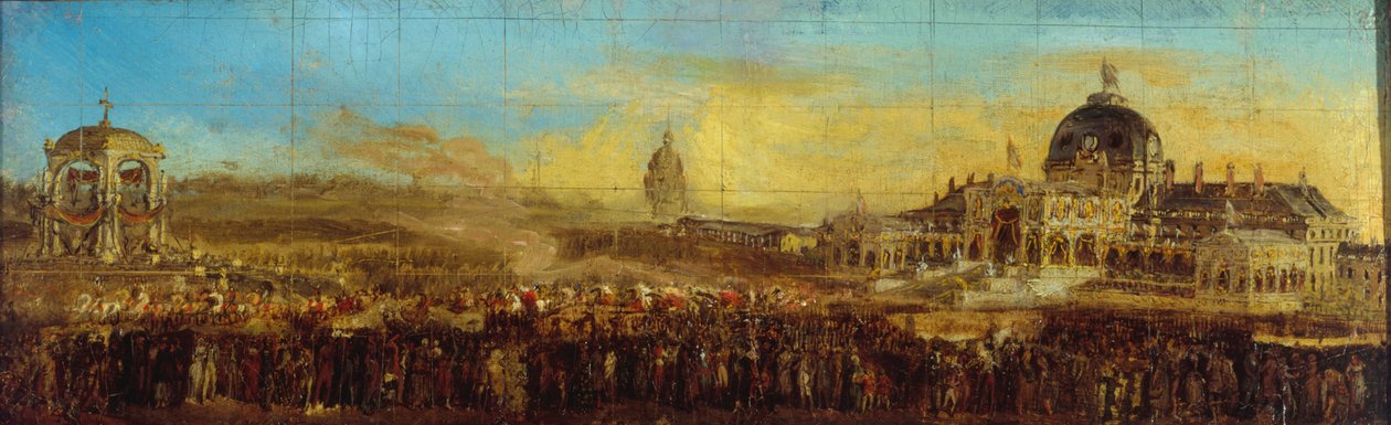 Slavnost 10. května 1852 na Champ-de-Mars; odjezd knížete-prezidenta po požehnání vlajek. Současný 7. obvod, Paříž, mezi lety 1847 a 1857 (olej na plátně) od Unknown artist