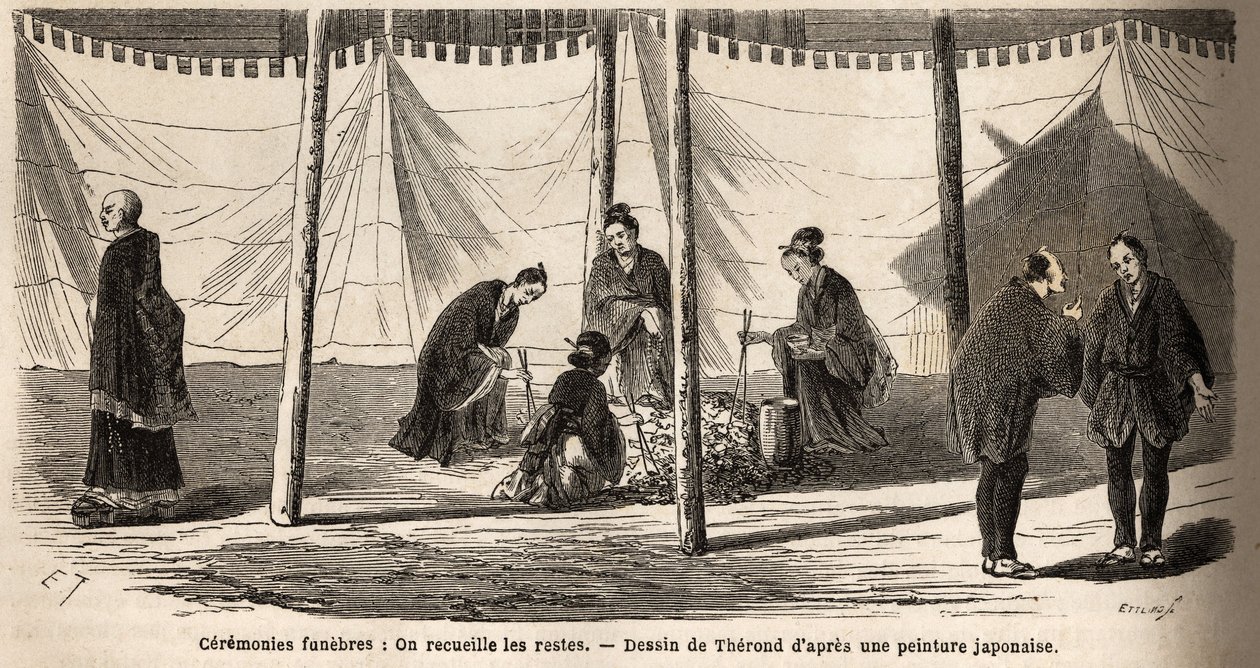 Pohřební obřady: po spálení, sběr ostatků. Rytina k ilustraci plavby do Japonska v letech 1863-1864 od Aime Humberta, ministra Švýcarské konfederace, v „Le tour du monde, nouveau journal des voyages“, vydaném pod vedením od Unknown artist