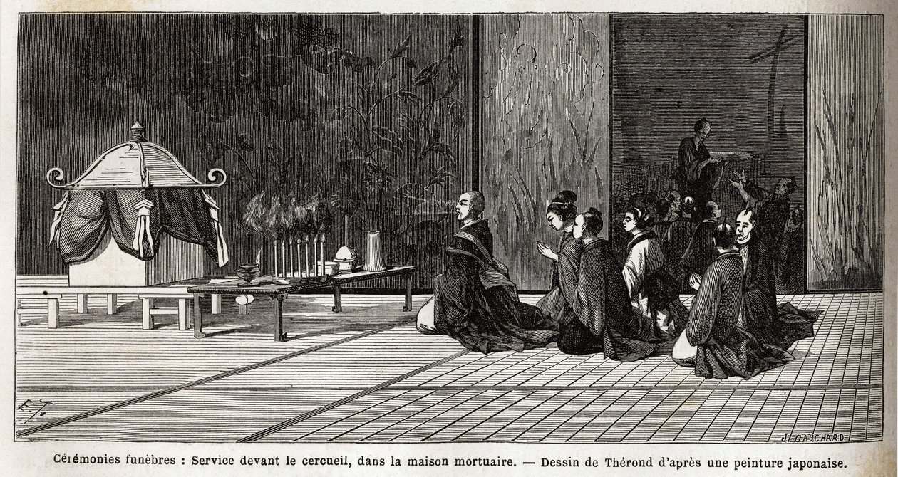 Pohřební obřady: bohoslužba před rakví, v márnici. Rytina k ilustraci plavby do Japonska v letech 1863-1864 od Aime Humberta, ministra Švýcarské konfederace, v „Le tour du monde, nouveau journal des voyages“, publik. od Unknown artist