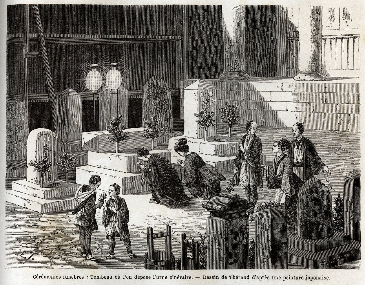Pohřební obřady: hrobka, kde je uložena pohřební urna. Rytina k ilustraci plavby do Japonska v letech 1863-1864 od Aime Humberta, ministra Švýcarské konfederace, v „Le tour du monde, nouveau journal des voyages“, vydaném pod vedením od Unknown artist