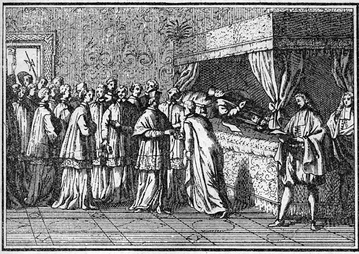 Pohřeb papeže v 18. století: uznání těla mrtvého papeže. Rytina v „Histoire des religions““. od Unknown artist