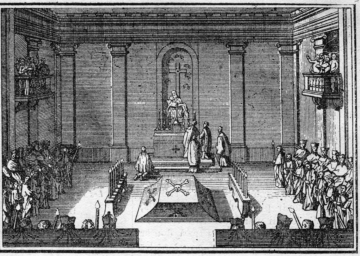 Pohřeb papeže v 18. století: ceremonie obseques. Rytina v „Histoire des religions““. od Unknown artist