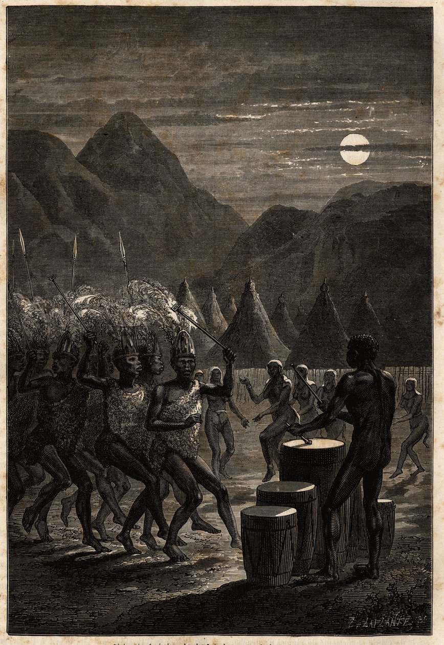 Pohřební obřad mezi Lakuty (kmen nacházející se v oblasti Horního Nilu), bubny a rituální tance v měsíčním světle. Engravure pour illustration le voyage au lac Albert, en 1861-1864, od Sir Samuel White Baker, v „Le tour du monde, nouveau journal des od Unknown artist