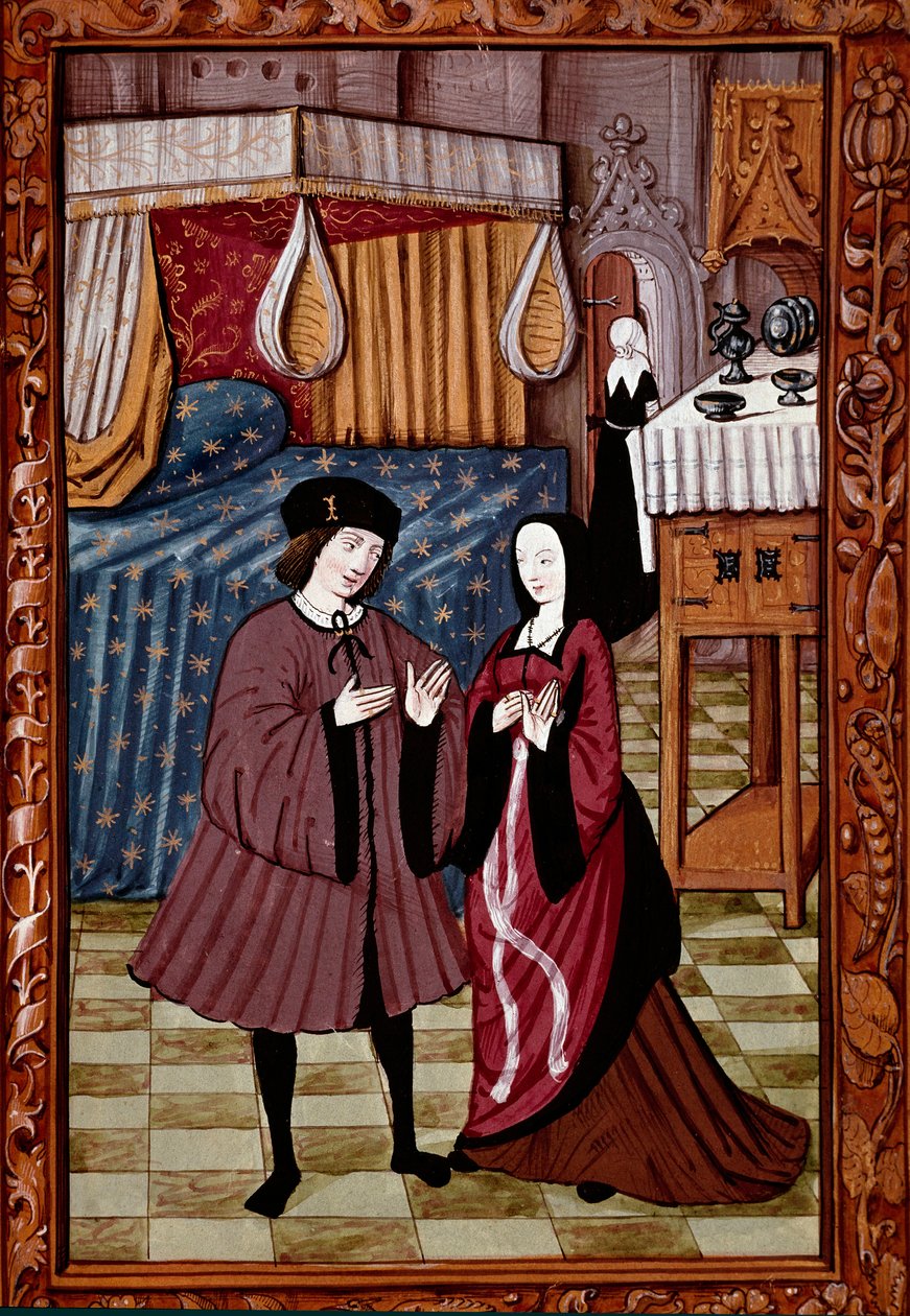 Galantní setkání v ložnici Pravděpodobně láska Jeana III de Brush a Louise de Laval. Miniatura z rukopisu ms. 1475 od Unknown artist