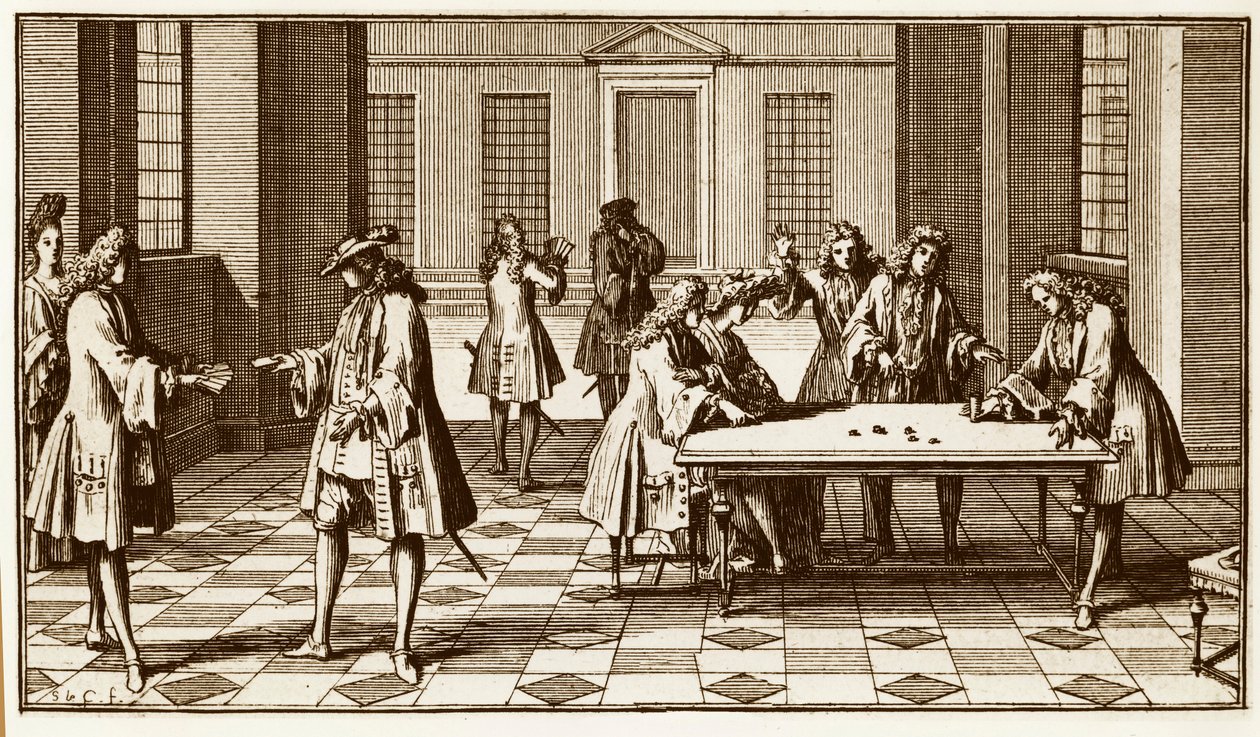 Herna v 18. století – rytina Sebastiena Le Clerca v „Essay d’analyse sur les jeux de chance“ od Pierra Remonda de Montmort 1708 – od Unknown artist
