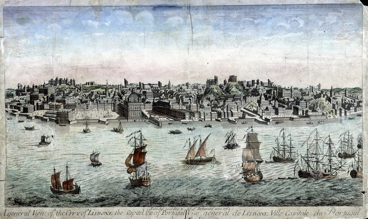 Celkový pohled na Lisabon, hlavní město Portugalska - rytina od Unknown artist