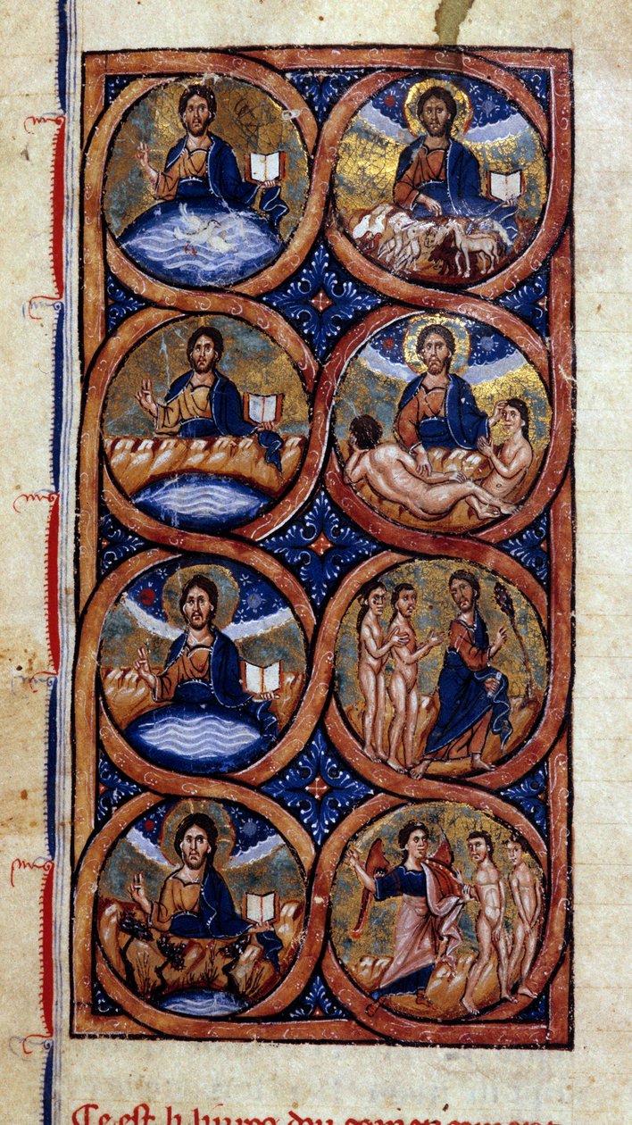 Genesis: reprezentace různých fází stvoření světa (kosmogonie). Miniatura z rukopisu „Univerzální historie“““ 13. století. Městská knihovna Dijon od Unknown artist