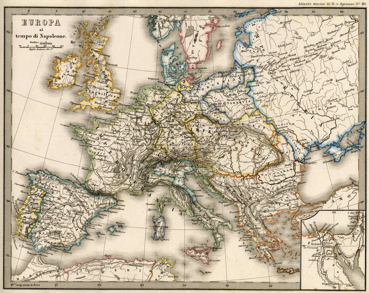 Zeměpisná mapa Evropy v době Napoleona I. V „Atlante Storico Geografico“ od K. von Srunera od Unknown artist
