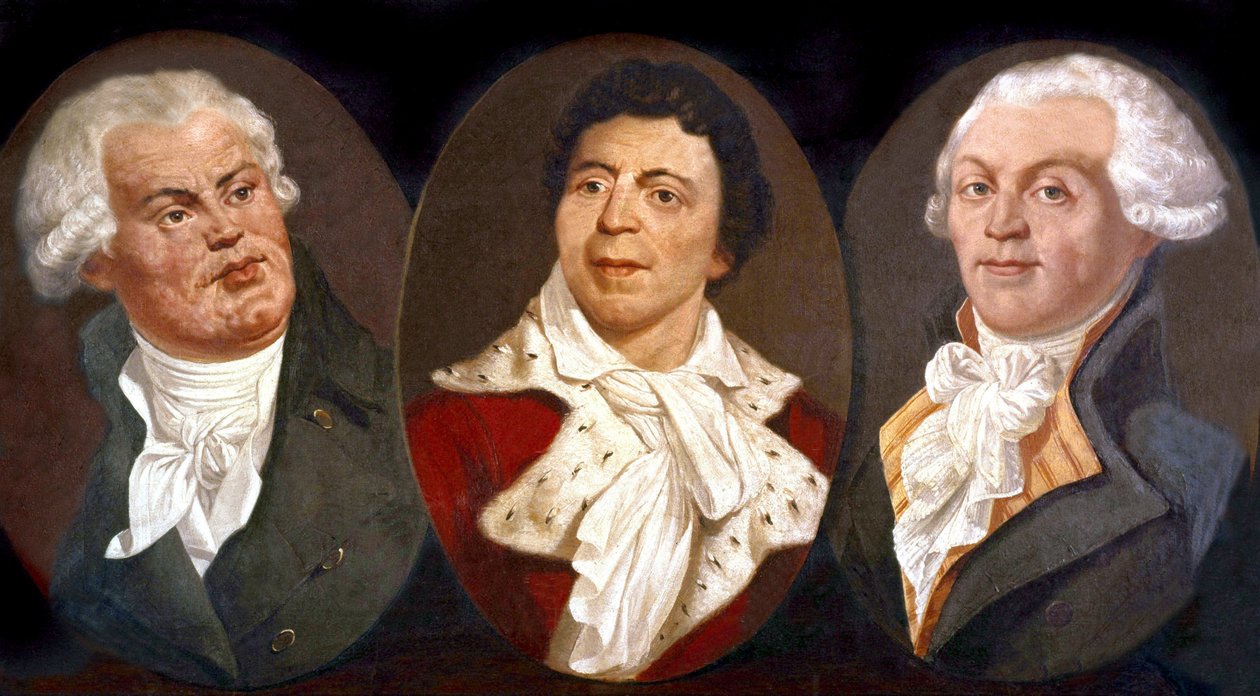 Georges Jacques Danton, Jean Paul Marat a Maximilien de Robespierre, tři hlavní postavy francouzské revoluce od Unknown artist