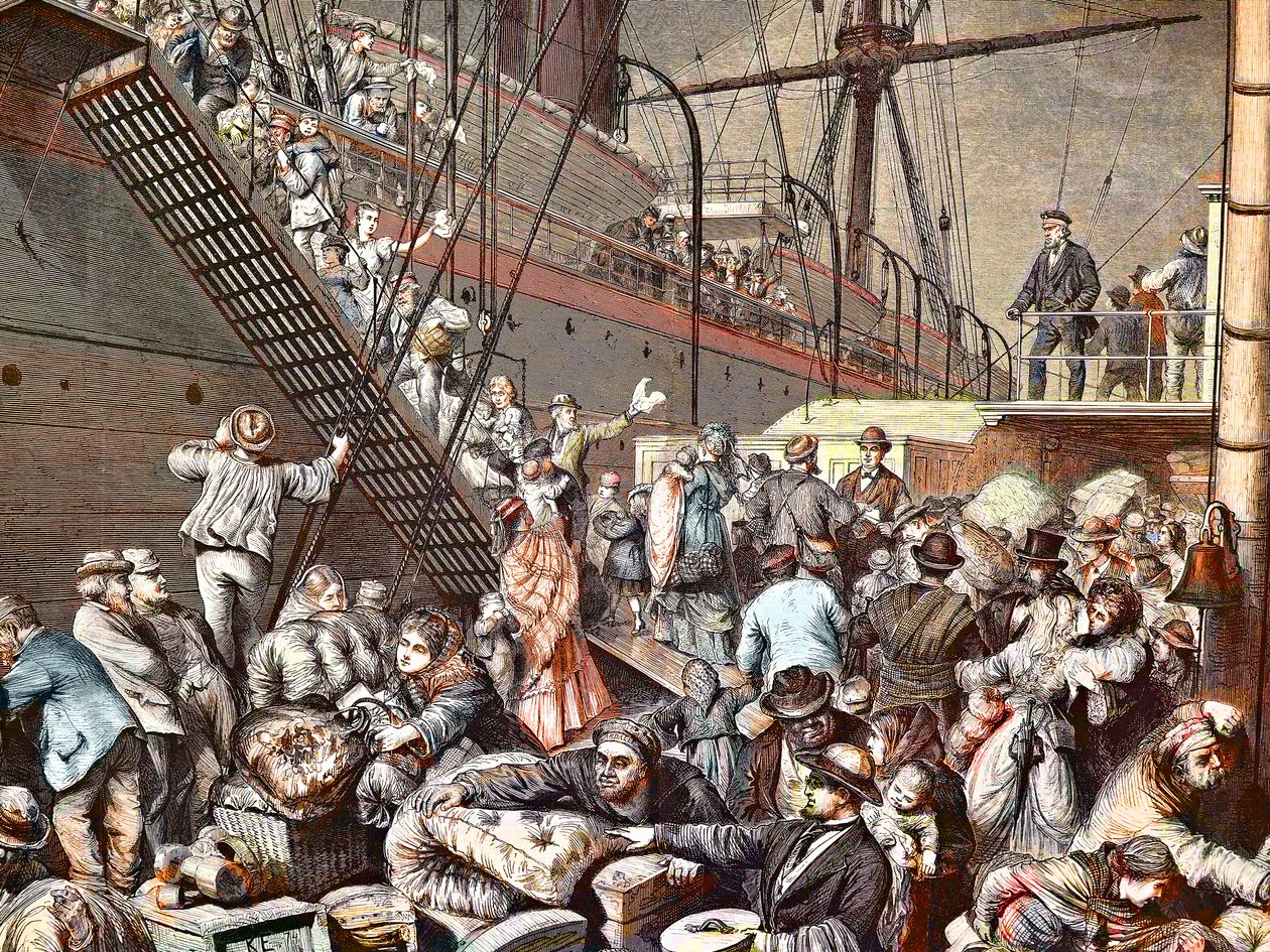 Němečtí emigranti do New Yorku nalodění na parník Hamburg v roce 1874, rytina - (Deutsche Emigranten) od Unknown artist