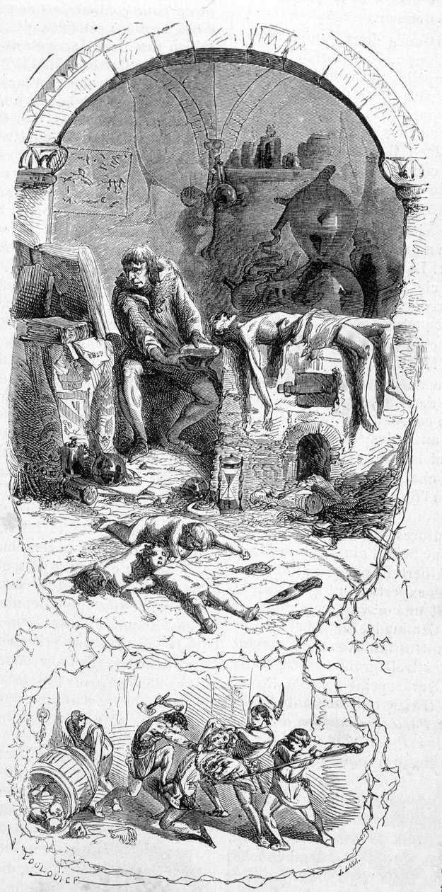 Gilles de Rais (Retz ou Rays) (1404-1440) v situaci: čarodějové pro své magické operace kupovali mrtvě narozené děti (15. století) - rytina, n.d. od Unknown artist