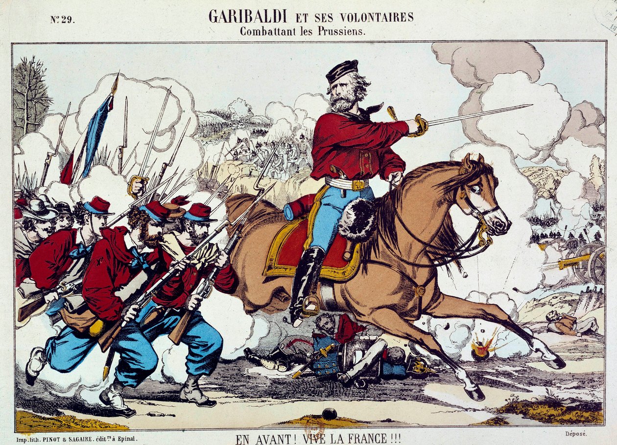 Giuseppe Garibaldi (1807-1882) bojující se svými dobrovolníky proti Prusům. „Vpřed, ať žije Francie“ Kolem roku 1871. Rytina B.N. Paříž od Unknown artist