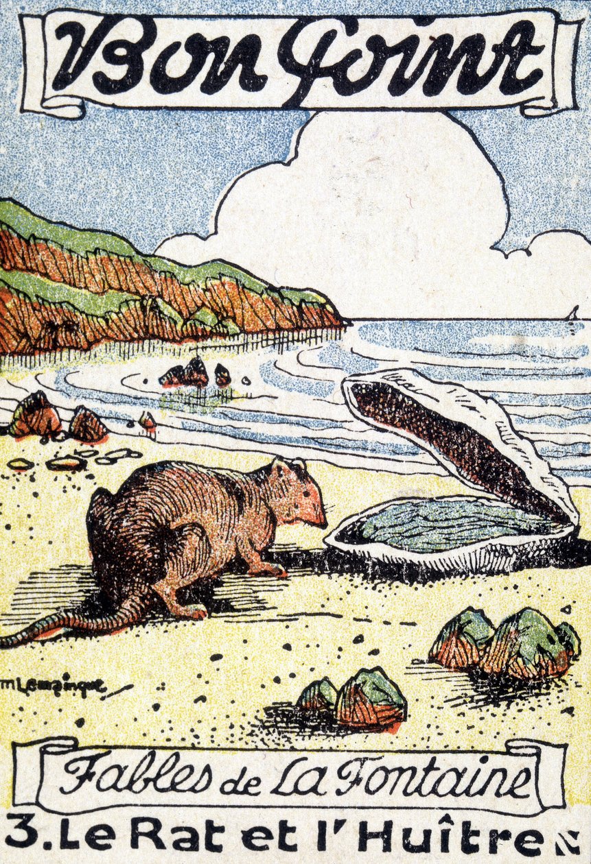 Dobrá pointa ilustrovaná bajkou Jeana de La Fontaina „Krysa a ústřice“. od Unknown artist
