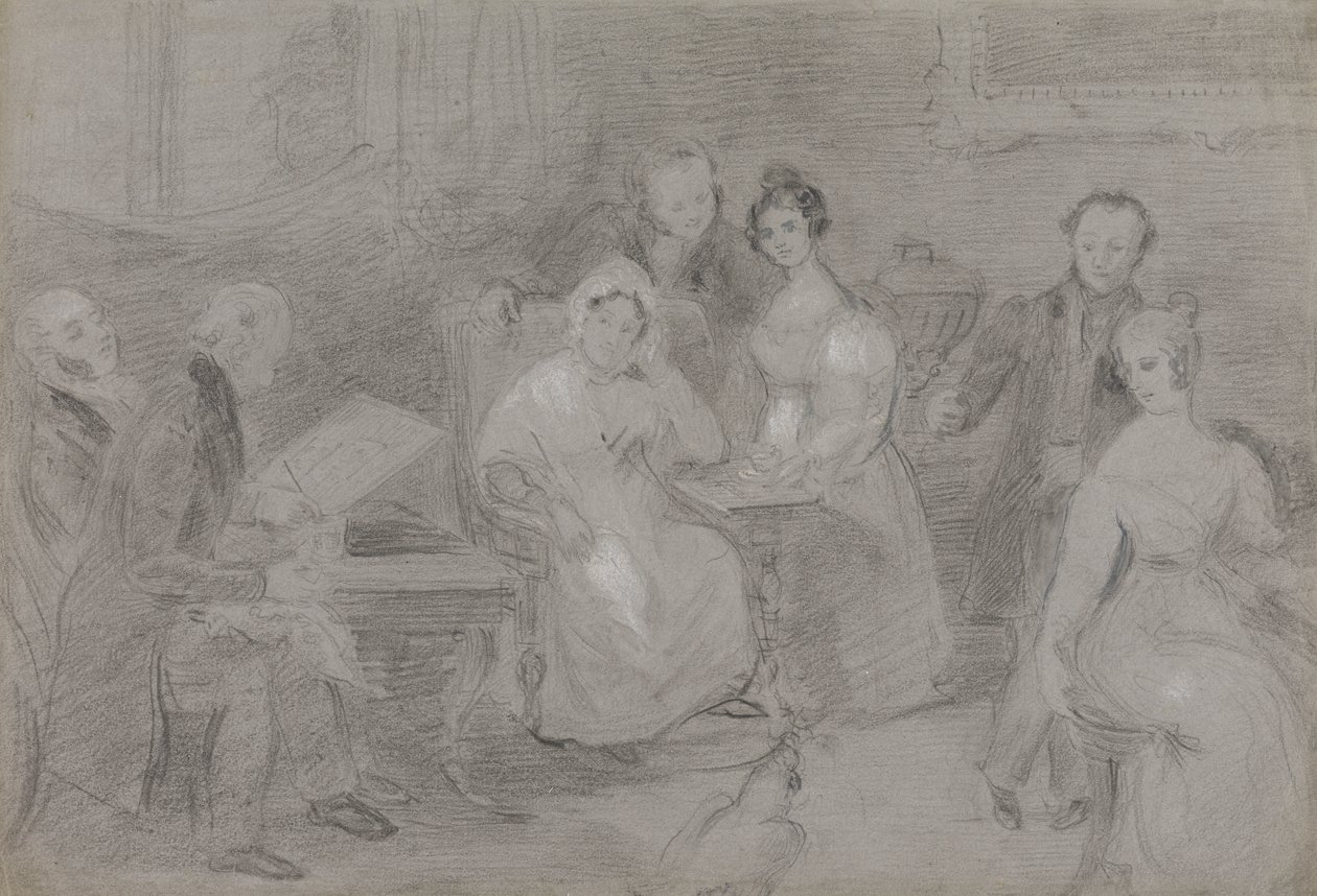 Skupina postav s mužem malujícím akvarely a dívkou podávající šálky čaje od Unknown artist