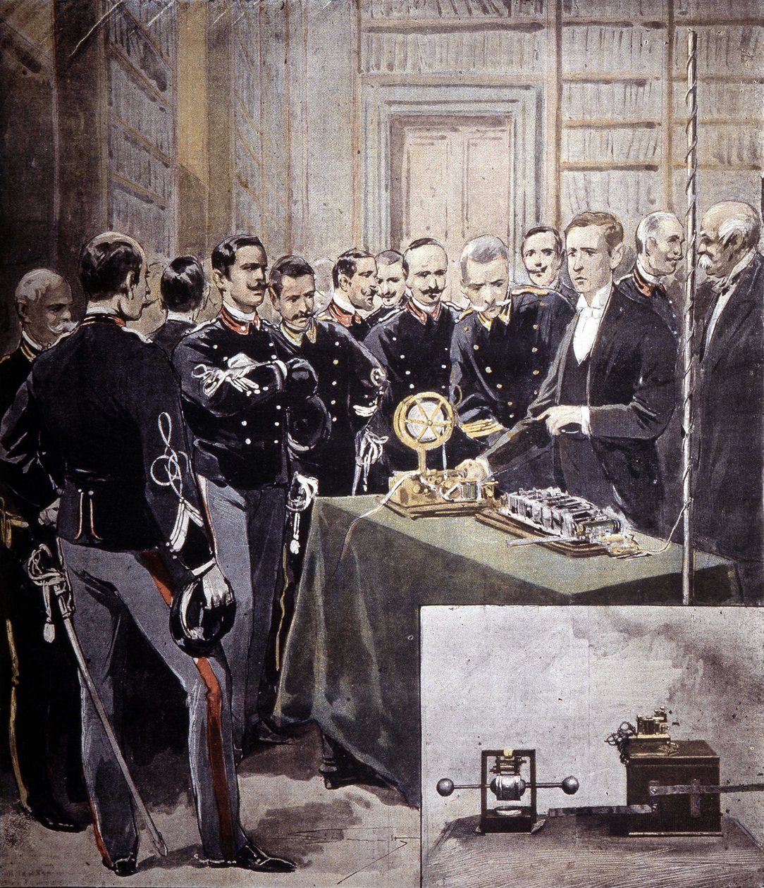 Guglielmo Marconi představil bezdrátový telegraf (TSF) na konferenci na ministerstvu námořnictva v roce 1897. od Unknown artist