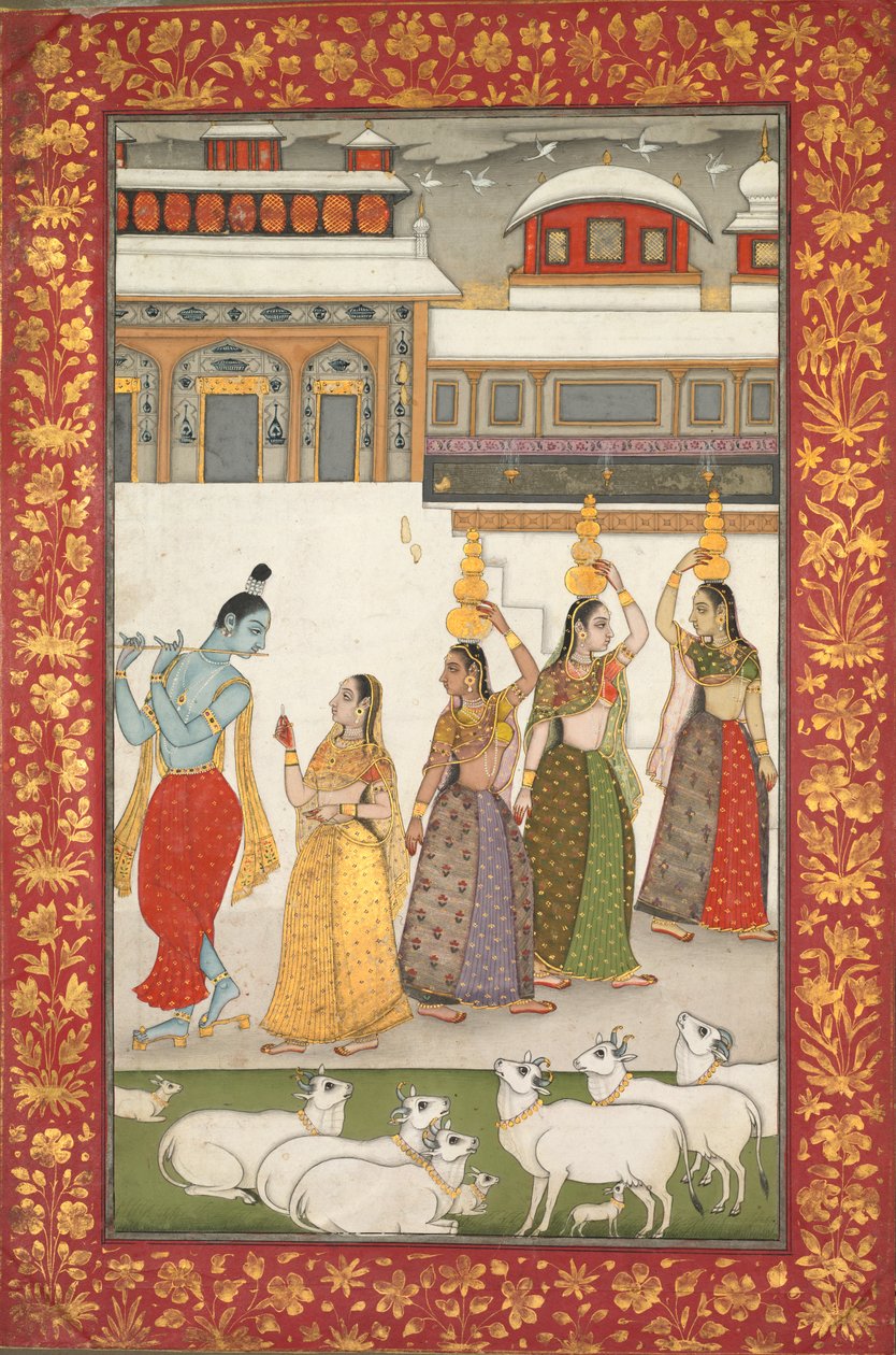 Gujari Ragini (Krišna s Gopíí hrající na flétnu), ze série Ragamala od Unknown artist