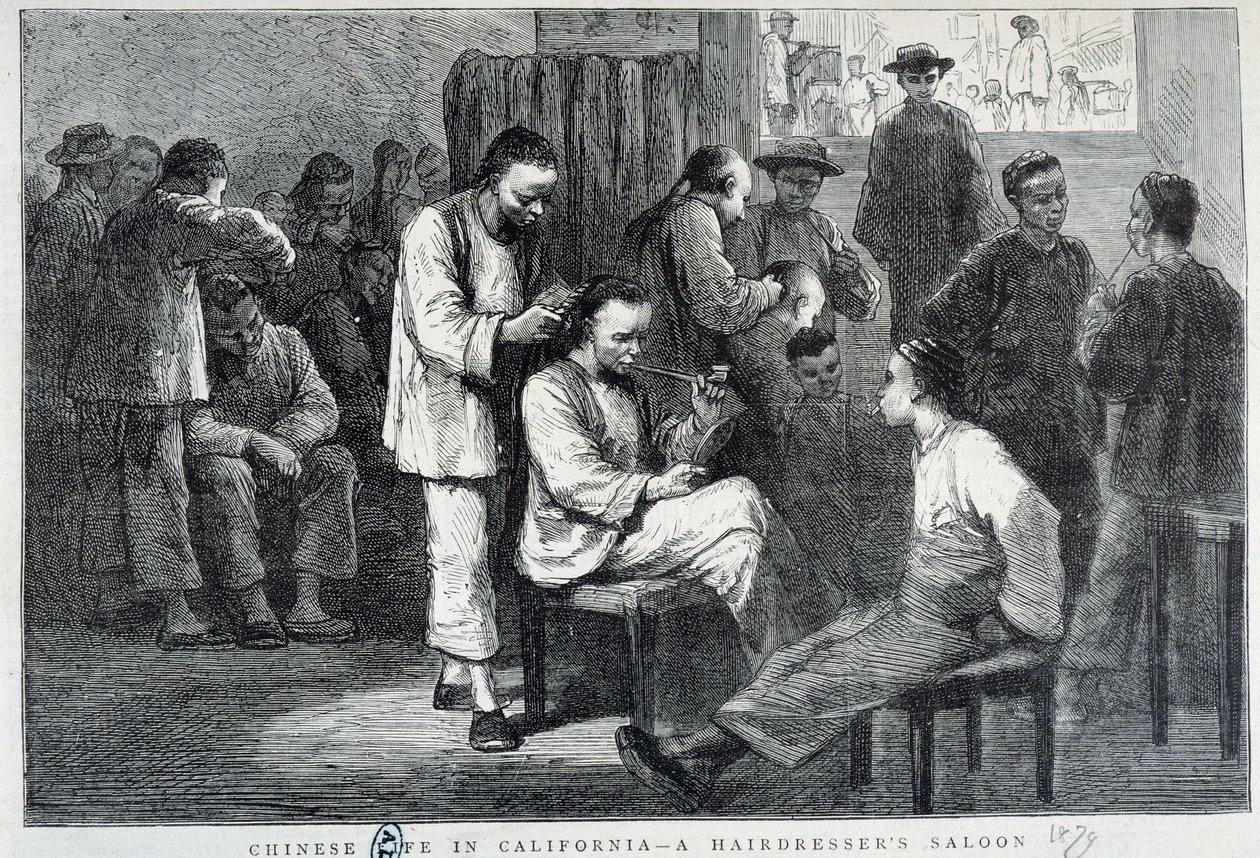 Kadeřnictví v čínské komunitě Kalifornie - rytina od Unknown artist