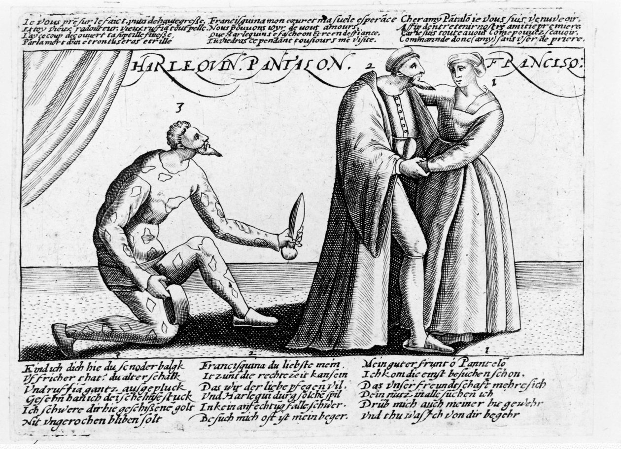 Paroháč Harlekýn. Série rytin díla hraného ve Francii na konci 16. století na téma milostných potup Harlekýna a Franceschiny. od Unknown artist