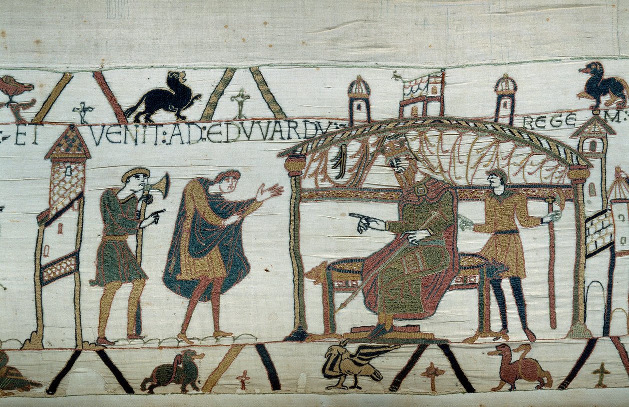 Harold, který se vrátil do Anglie, po svém velvyslanectví u vévody Viléma Dobyvatele (1027-1087), recitoval svou cestu králi Edwardu Vyznavači Detail tapiserie z Bayeux nebo výšivky královny Mathildy od Unknown artist