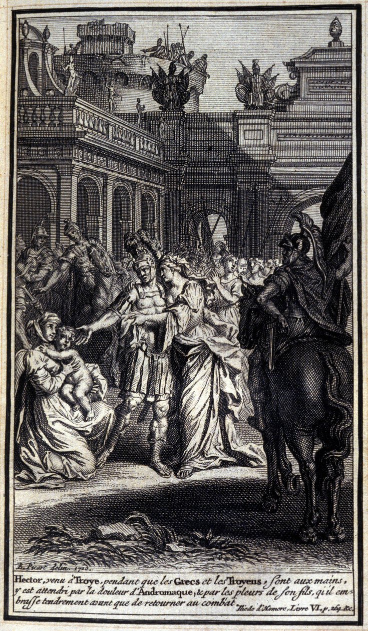 Hector, který přišel do Troyes, zatímco Řekové a Trojané byli v jejich rukou, byl sužován bolestí Andromaque a pláčem svého syna, kterého před návratem do bitvy něžně políbil. Ilustrace knihy VI Iliady z Homere, Fren od Unknown artist