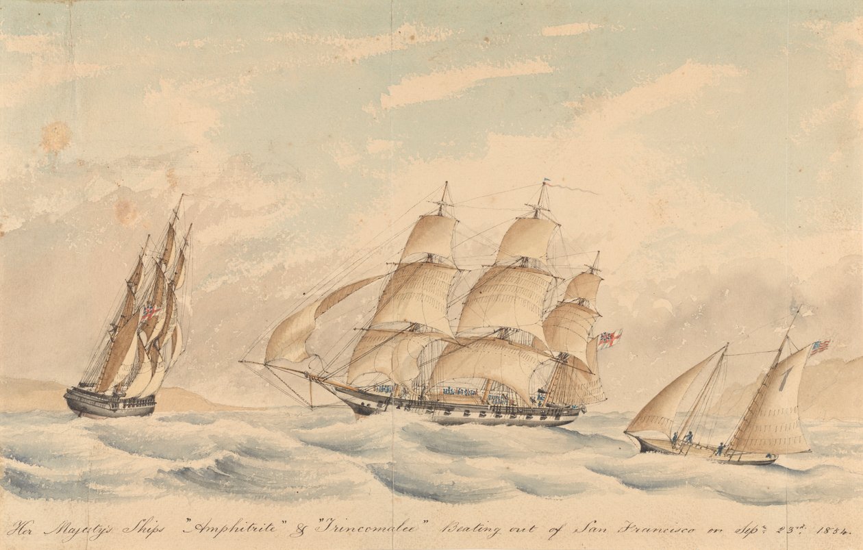 Lodě Jejího Veličenstva "Amphitrite" a "Trincomalee" vyplouvají ze San Francisca 23. září 1854 od Unknown artist