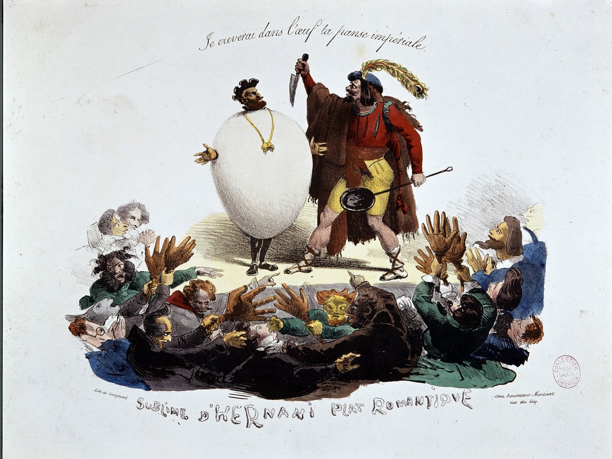 Hernani vznešené, romantické jídlo - karikatura o hře Victora Huga „“Hernani““ („Bitva u Hernani“), anonymní litografie od Unknown artist