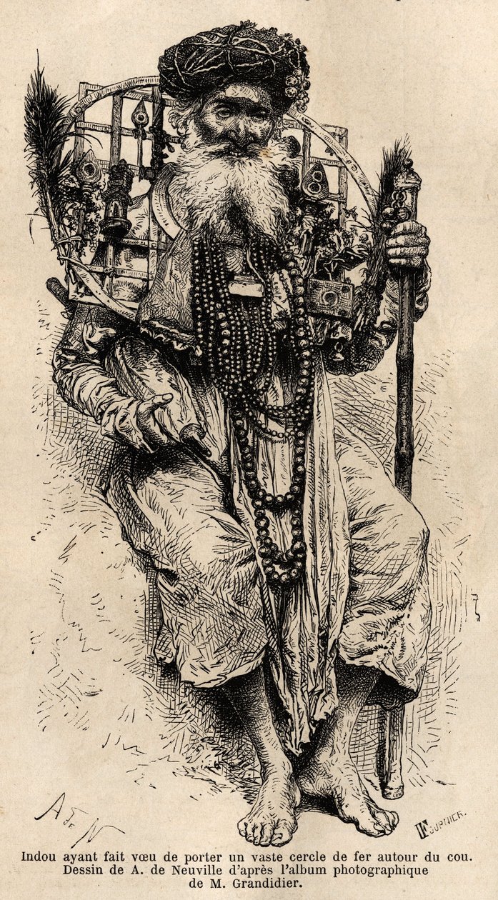 Hindu přísahal, že bude mít na krku velký železný kruh. Rytina pro ilustraci plavby v poledníkových provinciích Indie od Alfreda Grandidiera v letech 1862-1864, publikovaná v „” le tour du monde””, pod vedením D