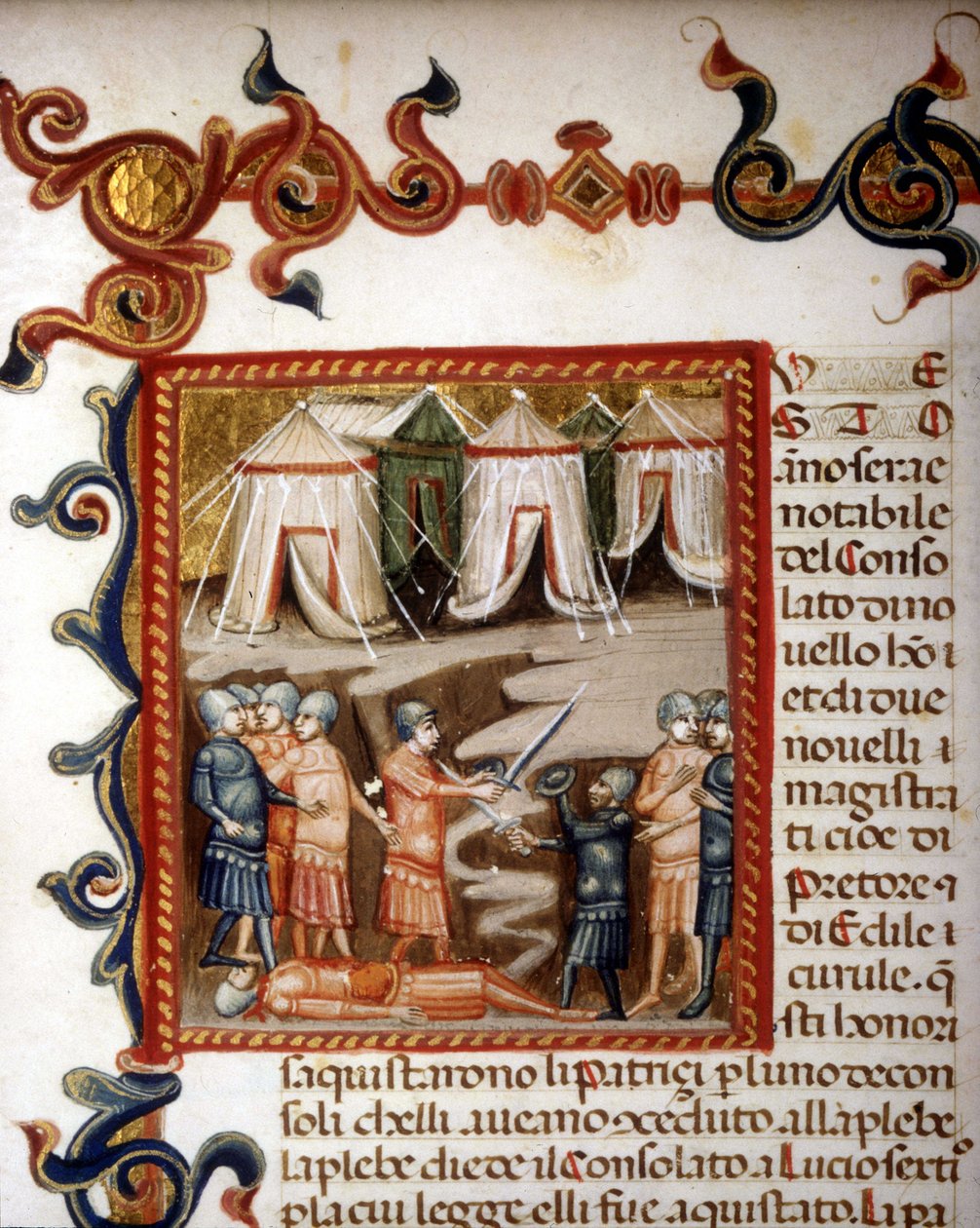 Historiae romanae desetiletí (= skupiny 10 knih) (ve francouzštině Dějiny Říma od jeho založení do roku 292 př. n. l.) od Titus Live (Titus Live) nebo Titus Livius v latině (-59 - 17). Miniatura představující římské conquete. sd. 14. století. od Unknown artist