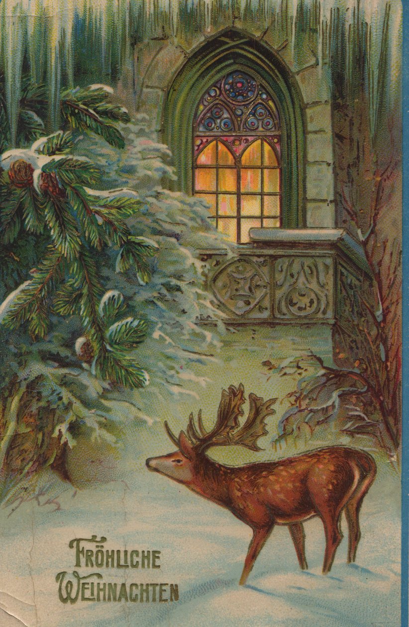 Historické vánoční přání se zimním motivem s jelenem a kostelem od Unknown artist