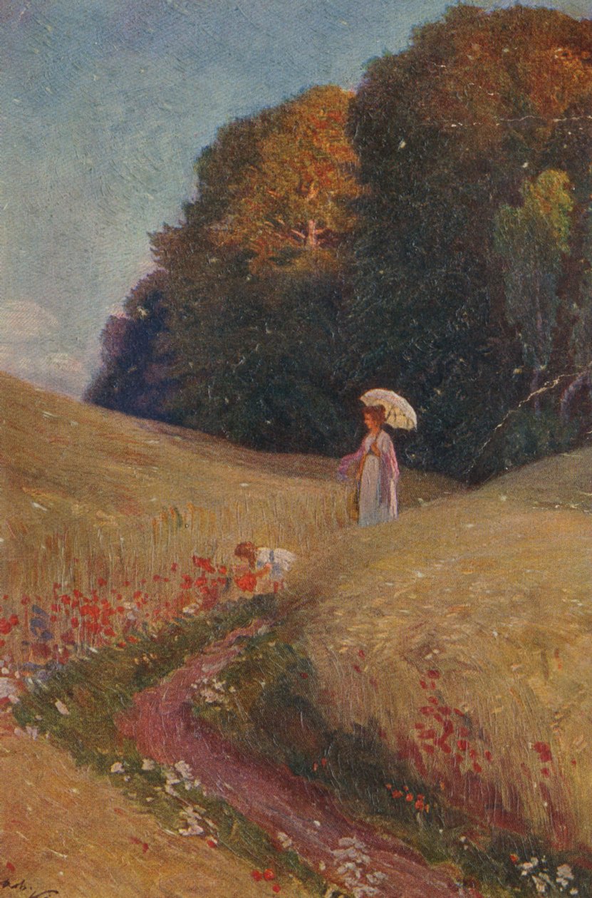 Historické přání po malování, matka a dcera na květinové louce od Unknown artist