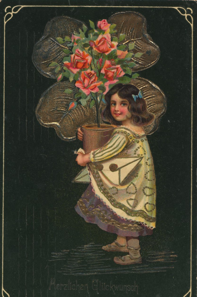 Historické přání s dítětem a velkou hrnkovou rostlinou, růží od Unknown artist