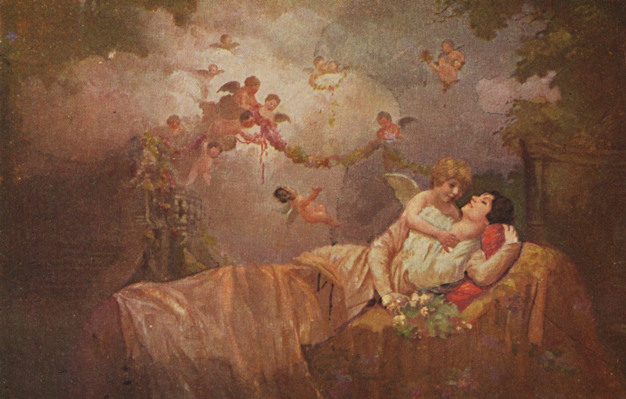 Historické přání s anděly pro štěstí ženě, kýčovitě-romantické od Unknown artist