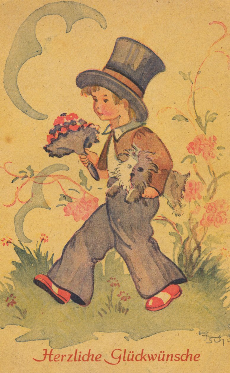 Historická pohlednice s chlapcem s kyticí květin a malým pejskem, přání od Unknown artist