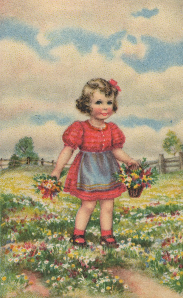 Historická pohlednice s šťastnou dívkou na louce, přání od Unknown artist