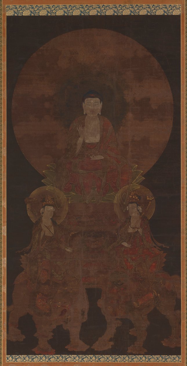 Hysterický Buddha Šákjamuni s bódhisattvami Fugen (Samanthabhadra) a Manju (Manjushri) od Unknown artist