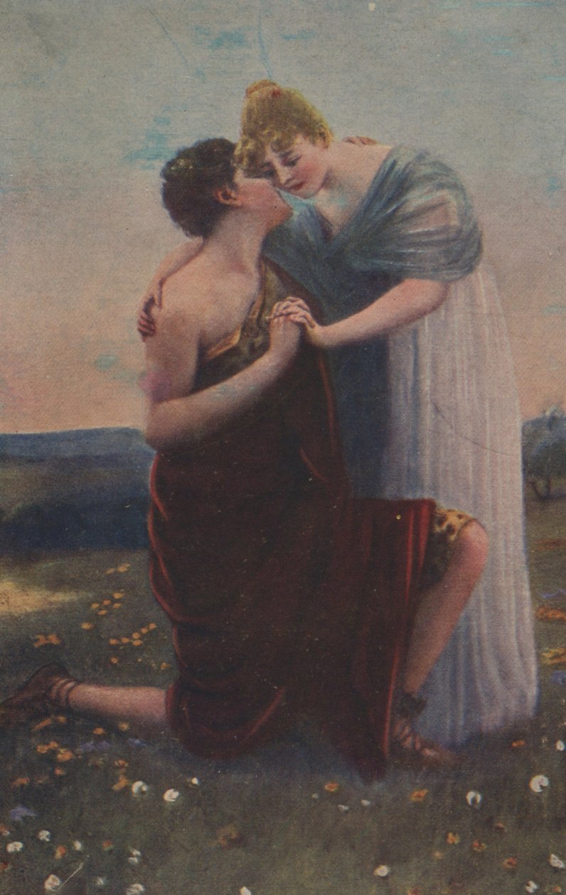 Historické přání s historickým motivem, žena a válečník středověku od Unknown artist