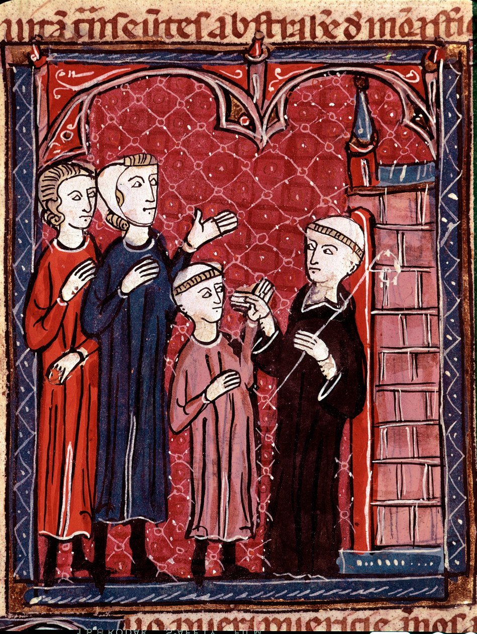 Historie kanonického práva: „“ Dva rodiče berou svého syna do kláštera“““ Miniatura převzatá z „Decret de Gratien““ („Concordia discordantium canonum“ nebo „Decretum Gratiani“) pocházející z roku 1140 a upravující zákony a kánony Římskokatolická církev. 1 od Unknown artist