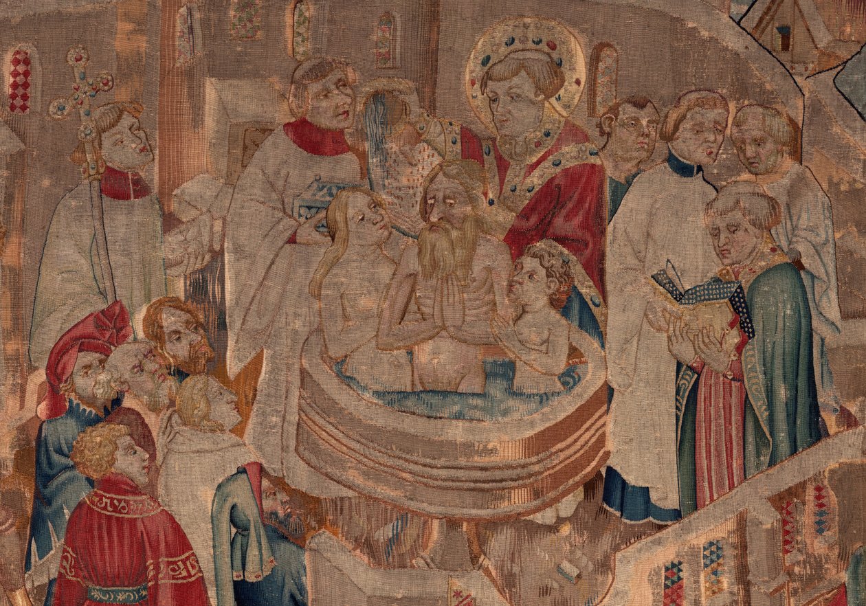 Historie Saint Piat a Saint Eleuthère, scéna 6 Detail uprostřed. Scéna křtu. od Unknown artist
