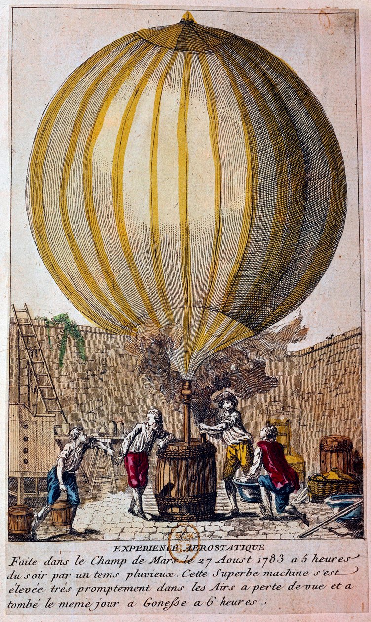 Historie balónů: aerostatické zkušenosti provedené na Champ de Mars v Paříži dne 27. 8. 1783: balón je naplněn vodíkovým plynem Jacquesem Charlesem (1746-1823). Rytina Paříže 18. století, B.N. od Unknown artist