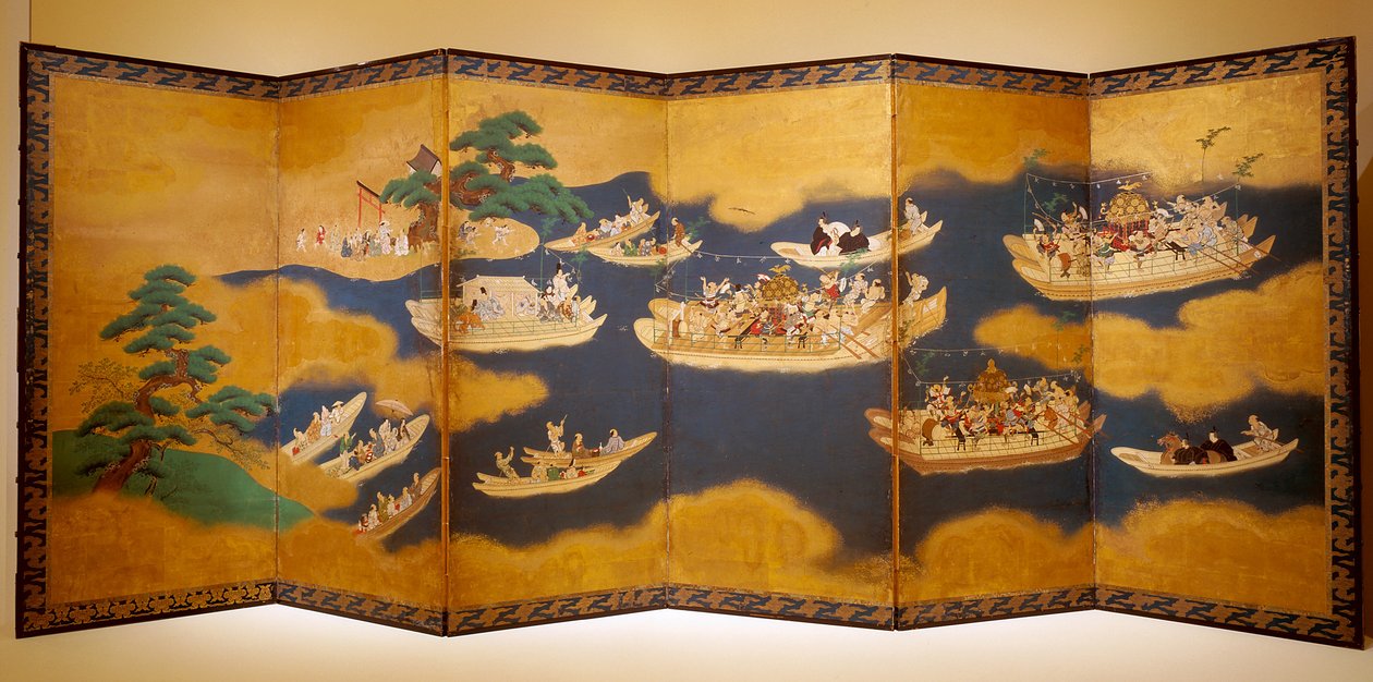Hiyoshi-Sann? Festival (inkoust, barva a plátkové zlato na papíře, šestipanelové plátno) od Unknown artist