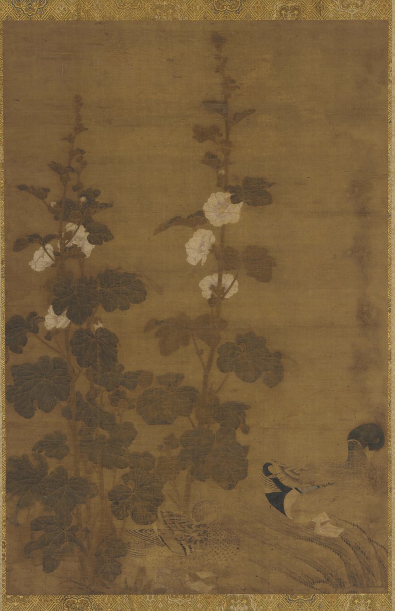 Hollyhocks a kachny od Unknown artist