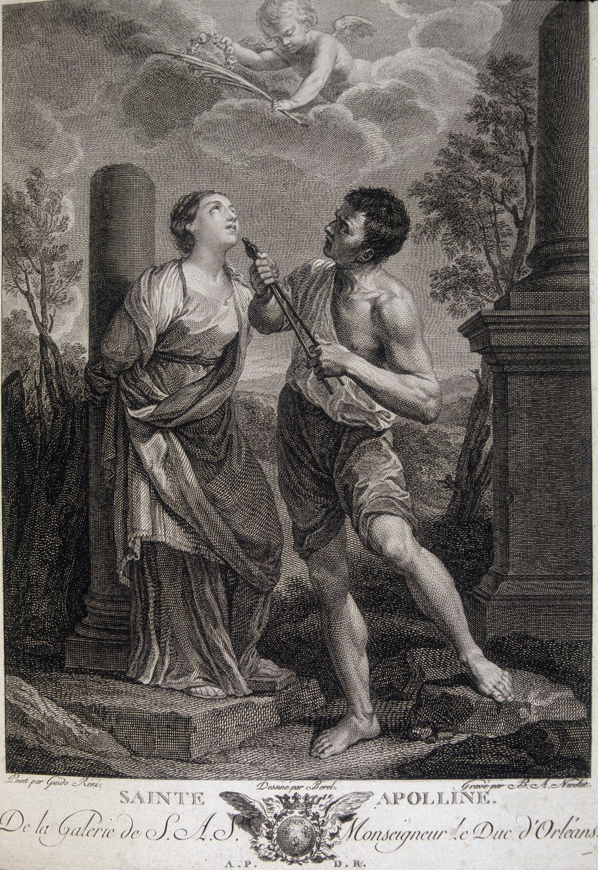 Svatá Appoline si během pronásledování vyláme zuby, protože odmítla vzdát hold římským bohům. Rytina 17. století. od Unknown artist