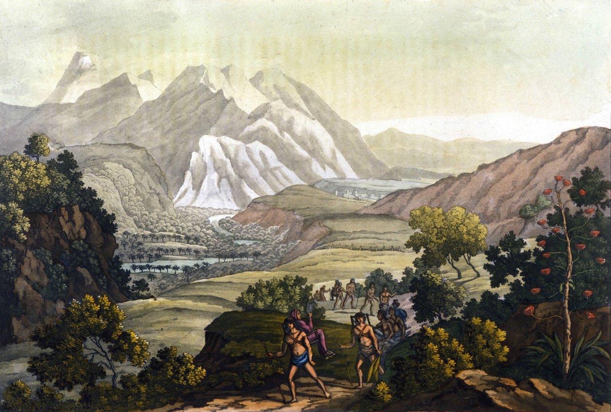 Humboldt a Bonpland překračují horu Quindiu na přepravních židlích. Z cesty do And od Alexandra Von Humboldta (Alexandre de Humboldt od Unknown artist
