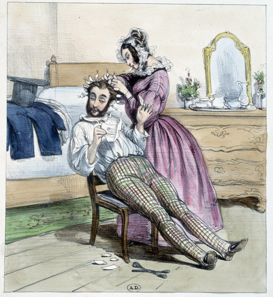 Vtipná kresba o nevěře dandyho dopisem jeho snoubenky - kresba od Unknown artist