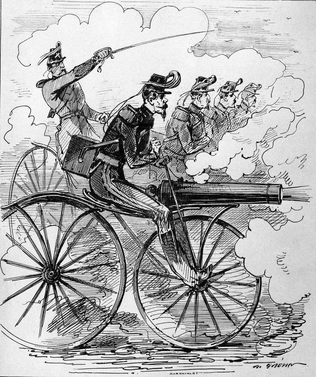 Vtipná rytina: Velocipedománie aplikovaná na kulomety - 19. století. od Unknown artist