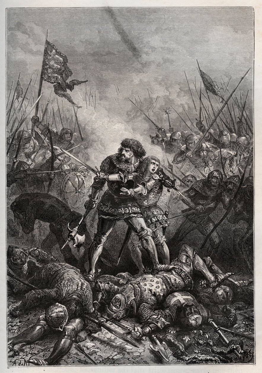 Stoletá válka: Francouzský král Jan II. Dobrý a jeho syn Filip II. Burgundský (1342-1404), známý jako „Philippe le Hardi“, bojující proti Angličanům v bitvě u Poitiers dne 19.09.1356 (král Francie Jan II Francouzský (1319-1364) a jeho syn Filip od Unknown artist