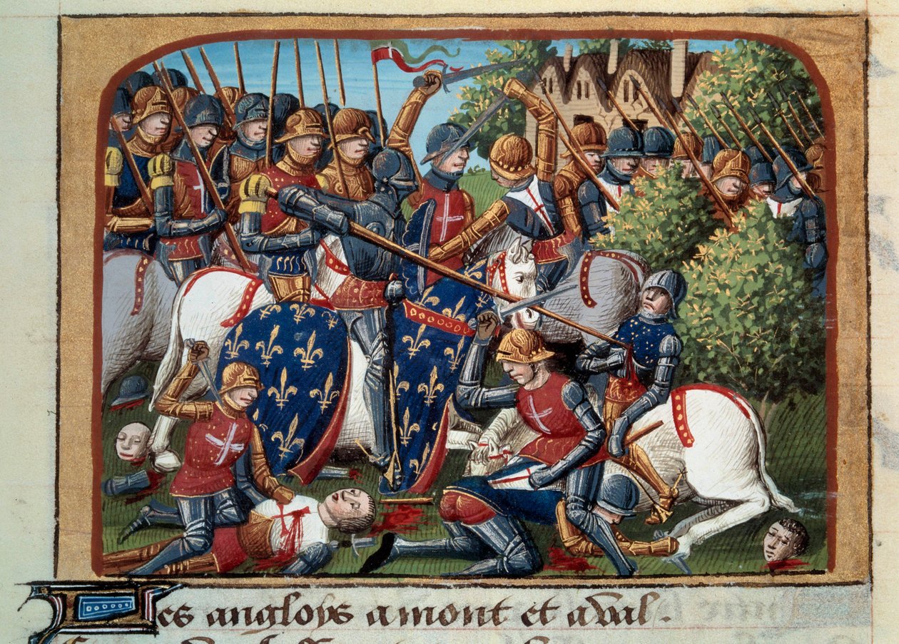 Stoletá válka: bitva u Formigny (Calvados) 15. 4. 1450 mezi anglickou armádou Thomase Kyriella a Jeana de Clermonta. Miniatura iluminovaná z rukopisu „Vigiles du roi Charles VII““ v kronikách Jeana Chartiera, editoval Mar od Unknown artist